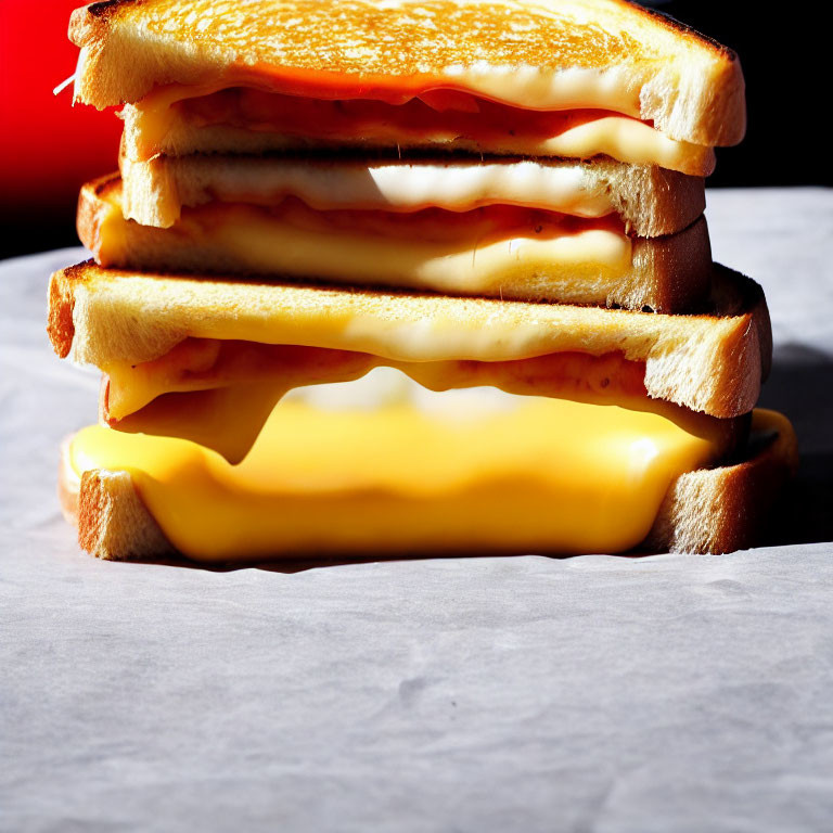 Stack of Grilled Cheese Sandwiches on White Paper with Melted Cheese and Shadows