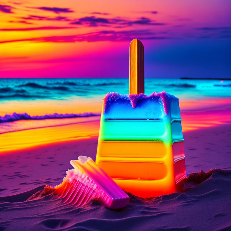 Neon-lit popsicle art installation on beach at sunset