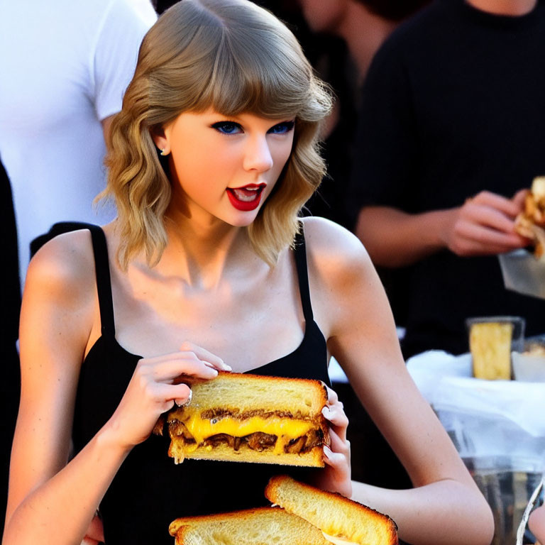 Blonde woman with red lipstick holding grilled cheese sandwich outdoors