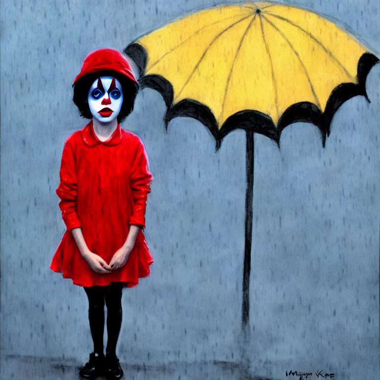 Child in clown costume with red dress and blue face paint holding yellow umbrella in rainy setting