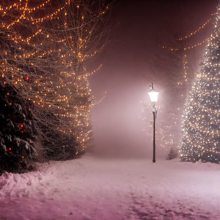 Snowy Night Scene: Misty Snow, Golden Trees, Glowing Street Lamp