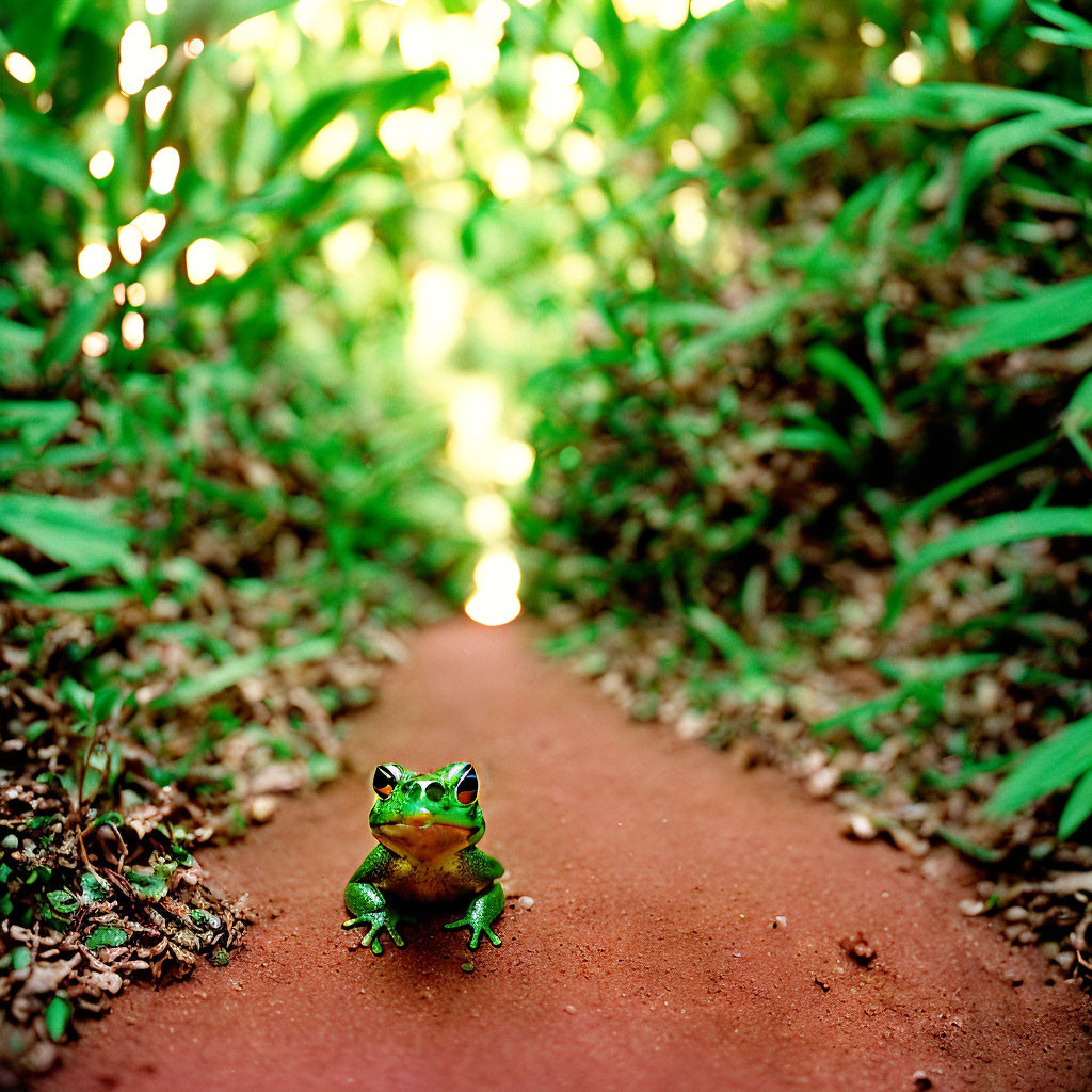 Frog on dirt path surrounded by lush greenery and dappled sunlight