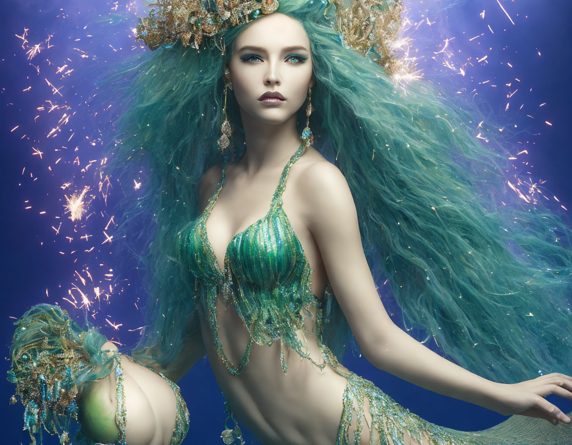 Woman in Green Mermaid Costume with Teal Hair and Glittering Accessories