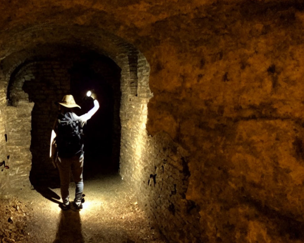 Person in hat explores dimly lit underground tunnel with handheld light