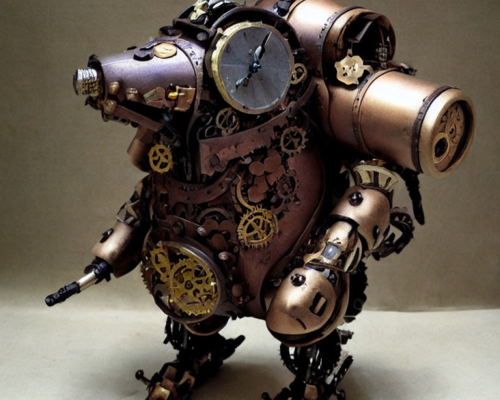 Steampunk-inspired robotic sculpture with gears, clocks, and metallic elements