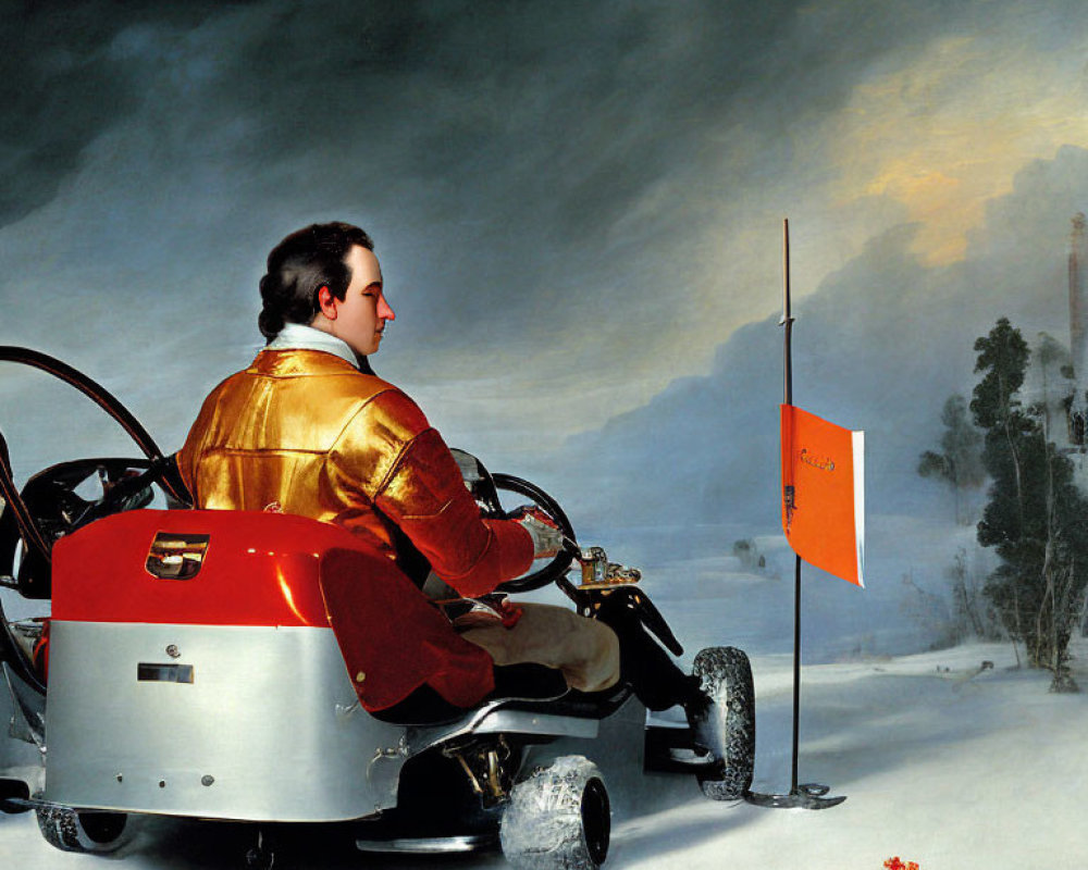 Person in golden jacket on go-kart superimposed on snowy landscape painting with Russian flag