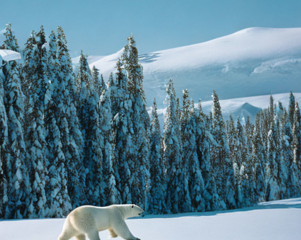 Solitary polar bear in snowy landscape with pine trees