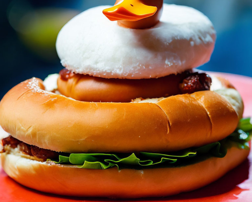 Rubber Duck on Burger with Lettuce and Patty on Red Plate