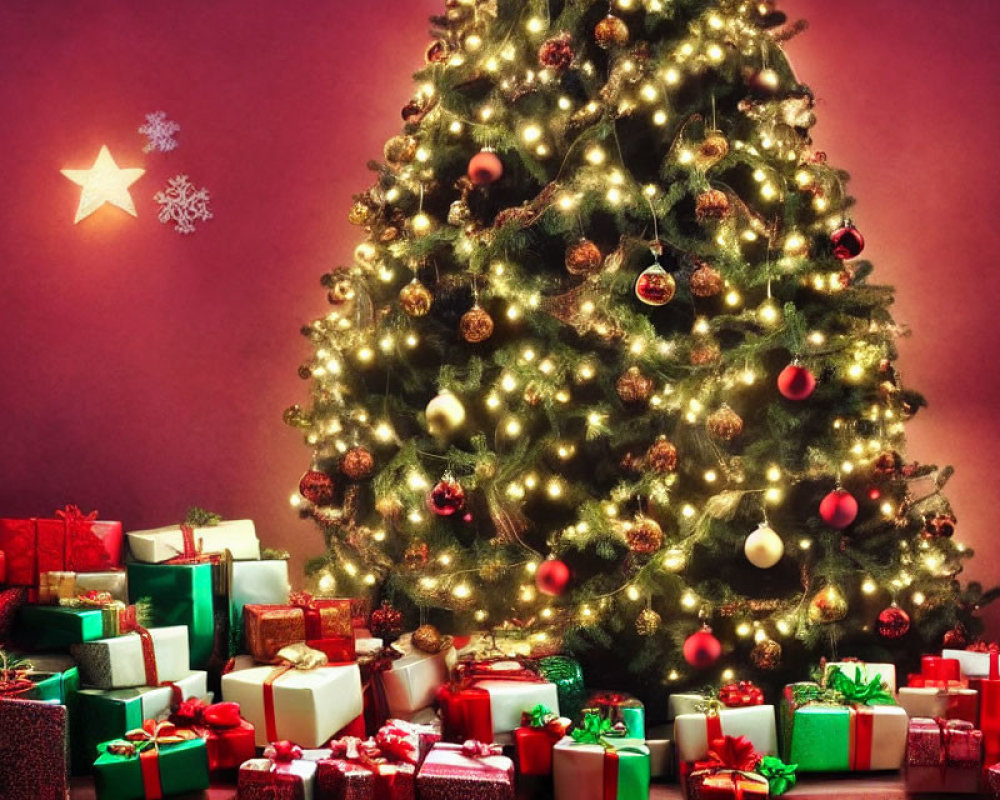 Festive Christmas tree with twinkling lights and wrapped gifts on red background