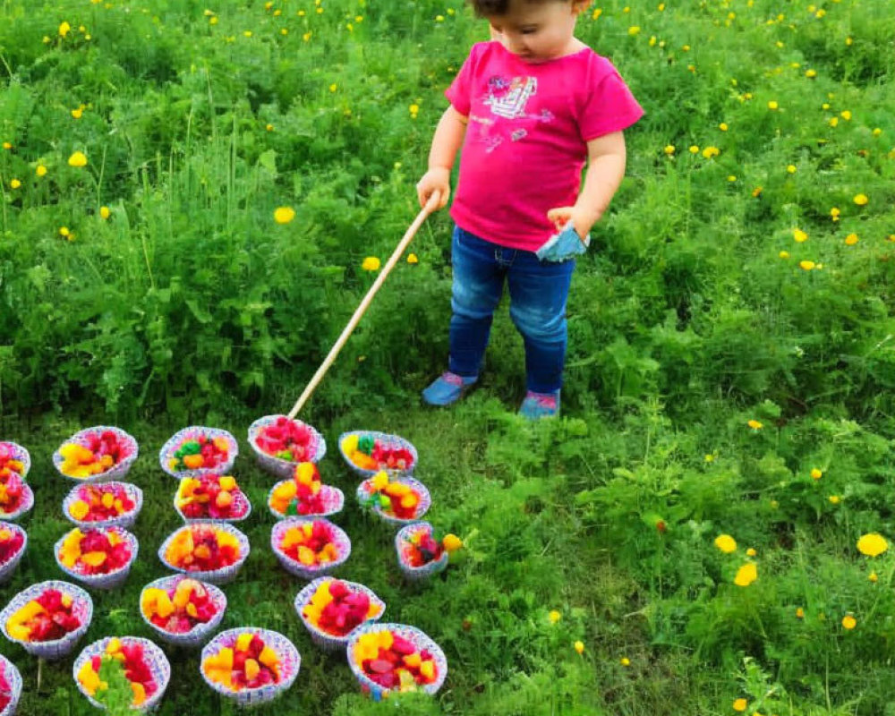 Toddler in Pink Shirt and Jeans Observing Floral Arrangements in Green Field