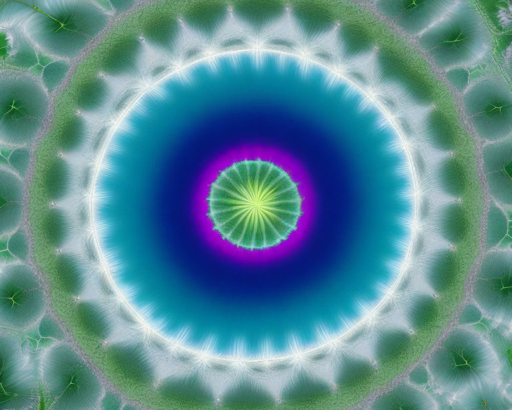 Symmetrical blue and green fractal pattern with intricate details