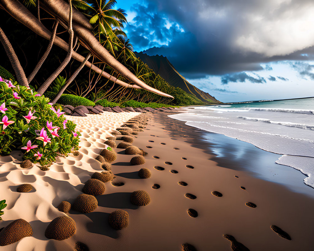 Sandy beach with footprints, tropical flora, palm trees, and mountain backdrop under cloudy sky