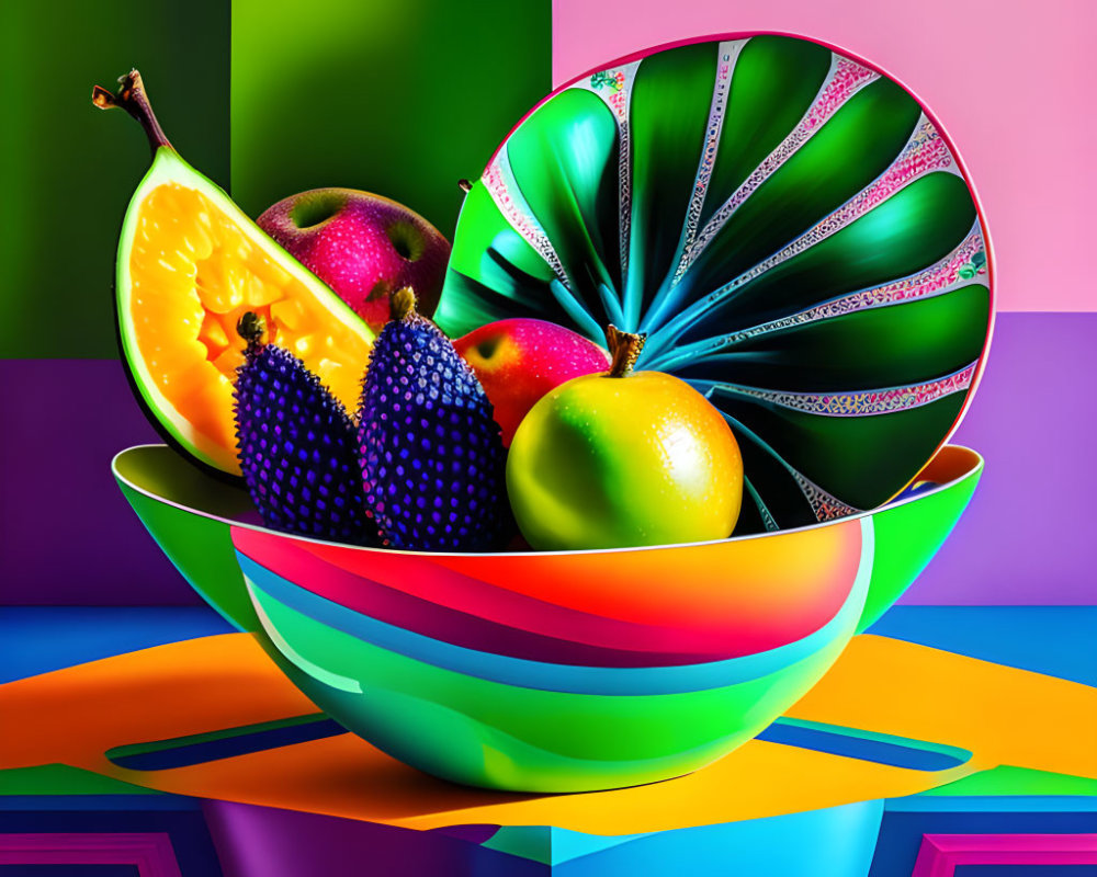 Colorful Digital Art: Bowl of Fruit on Geometric Background