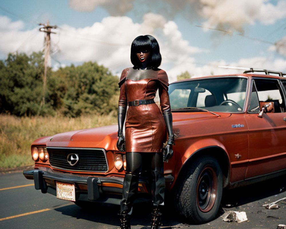 Mannequin in Metallic Dress and Boots by Classic Red Car