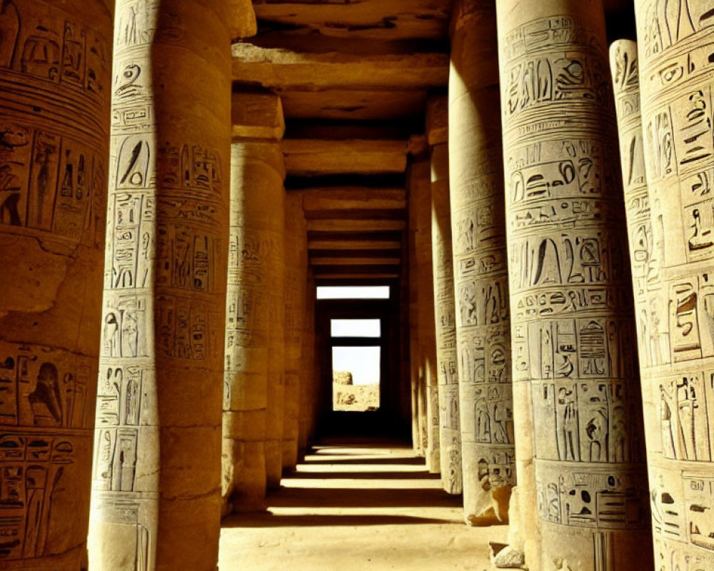 Ancient Egyptian temple corridor with hieroglyphic-adorned columns and sunlit exit