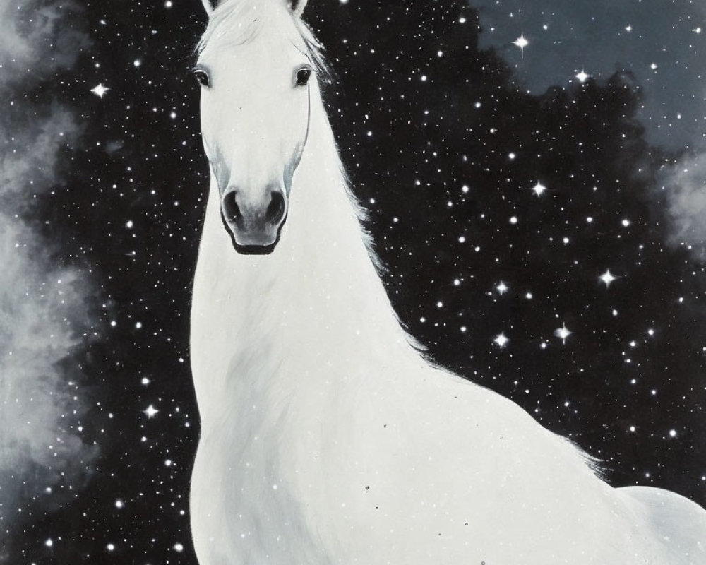 White horse merges with starry night sky in dreamlike fusion