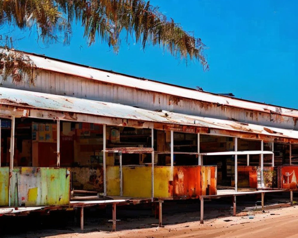 Colorful Abandoned Market Stalls Under Rusting Metal Roof