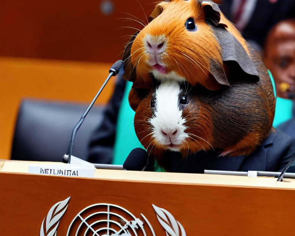 Guinea pig with comical hairstyle at UN podium in edited image