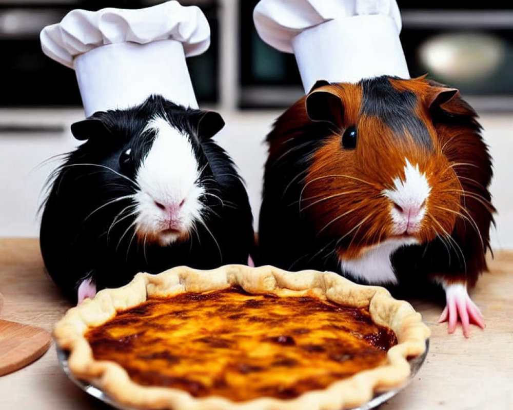 Adorable guinea pigs with chef hats by a pie