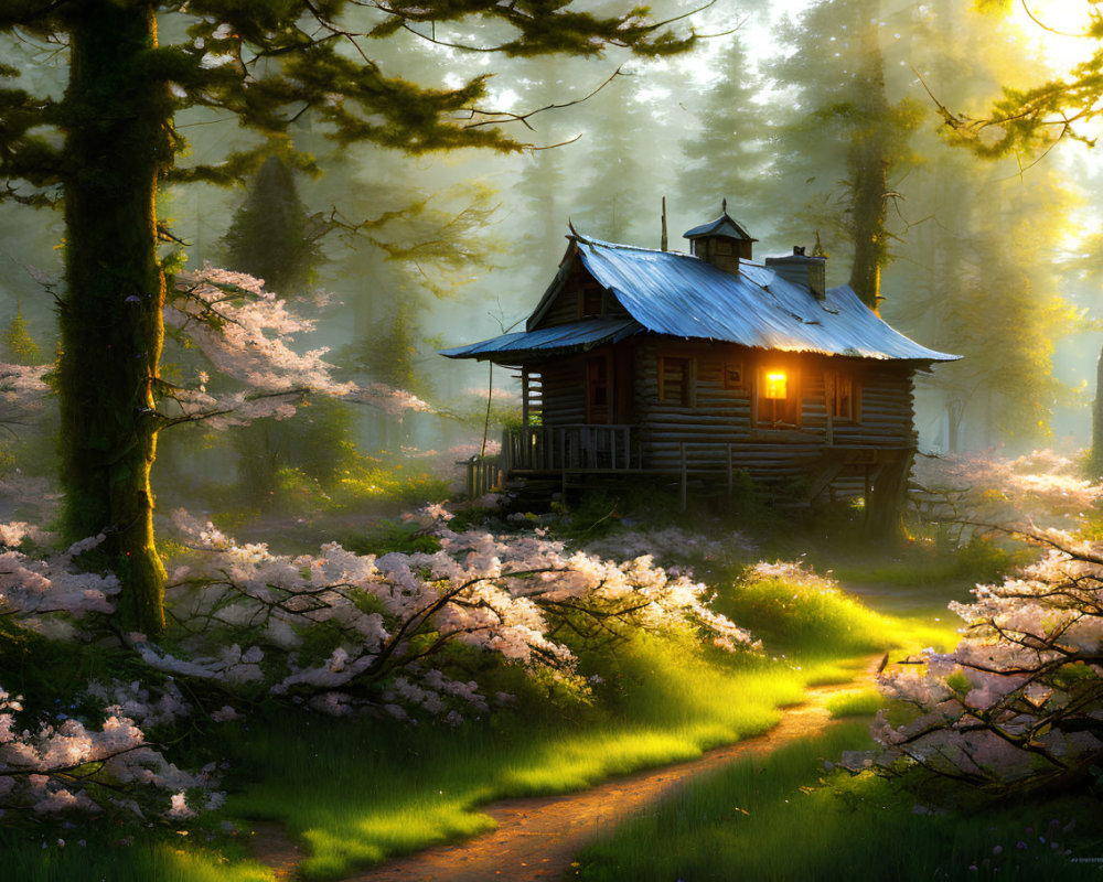 Wooden cabin in vibrant forest glade with pink flowering trees