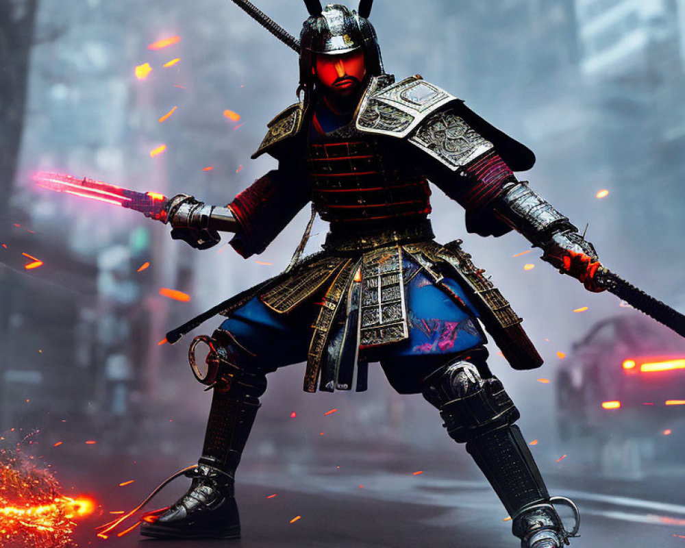 Samurai warrior in traditional armor with red lightsaber in dynamic setting