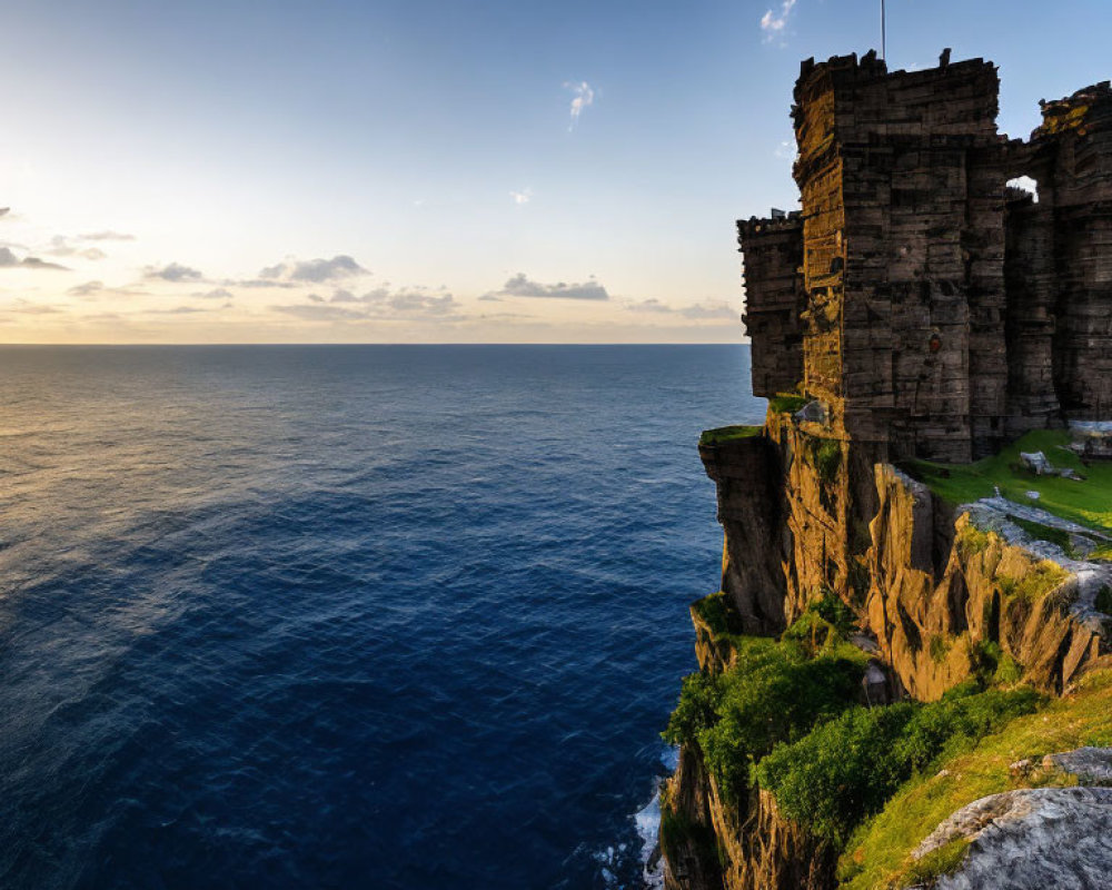 Cliffside with lush greenery, rugged rock formation, ocean view at sunset