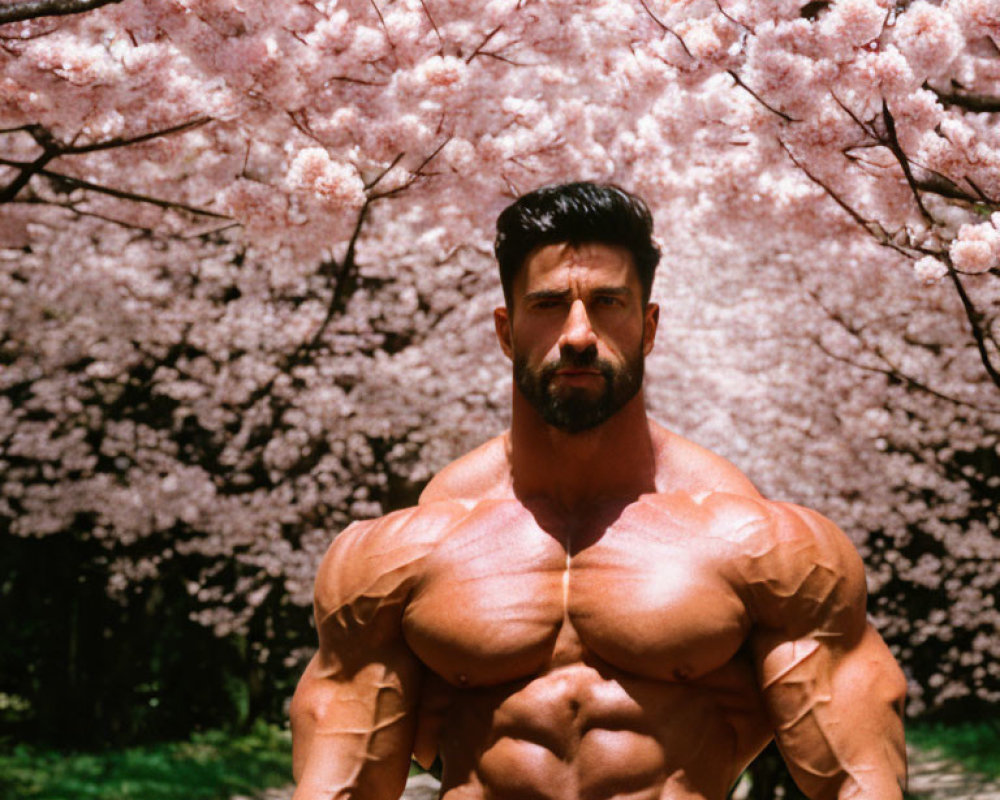 Muscular man poses with pink cherry blossoms, showcasing contrast.