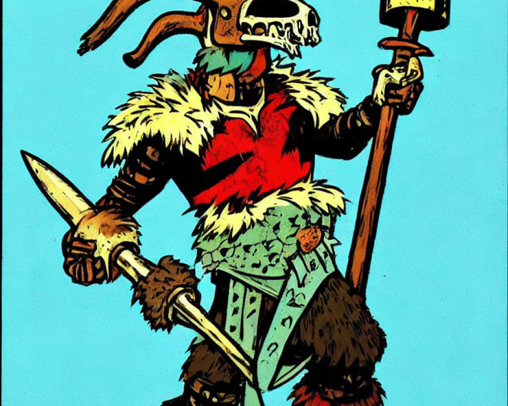 Warrior with Horned Helmet, Fur Collar, Axe, Sword, and Spear