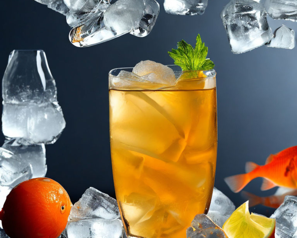 Iced tea with mint leaf, lime, and orange on dark background