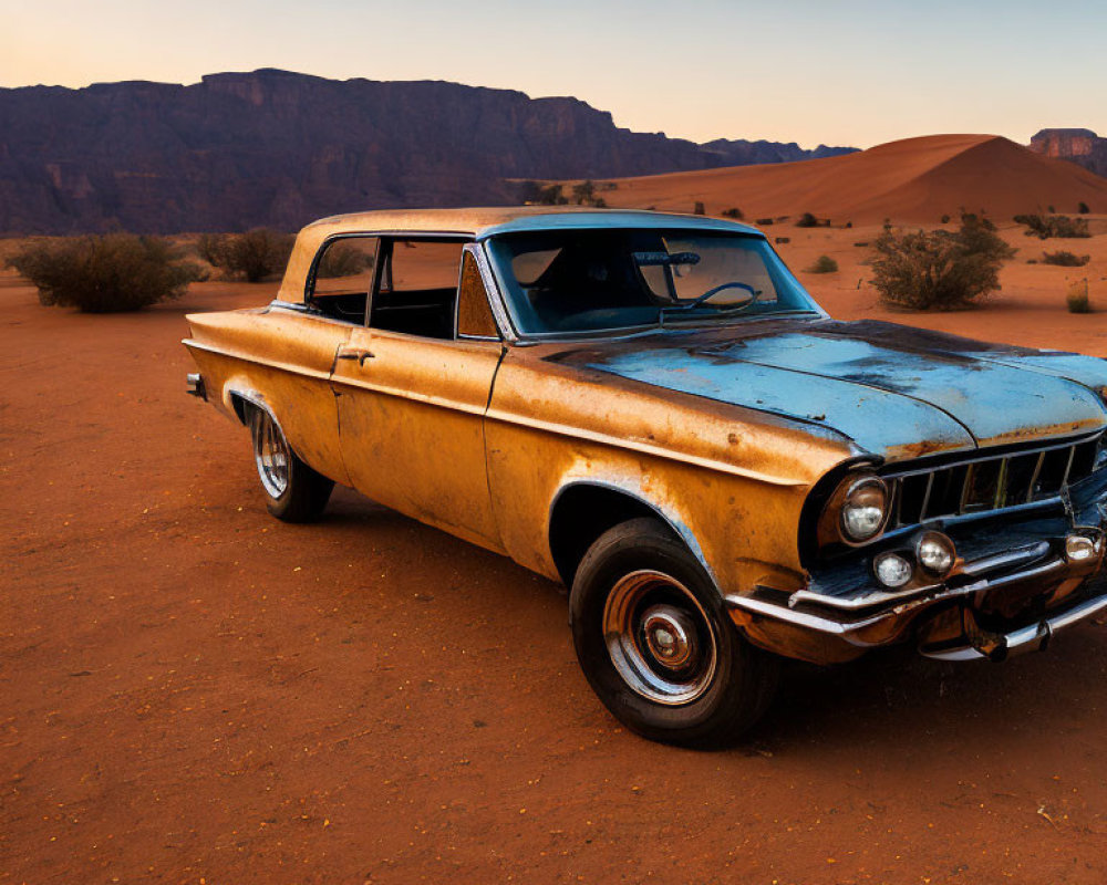 Classic Yellow Car in Desert with Sand Dunes and Blue Sky