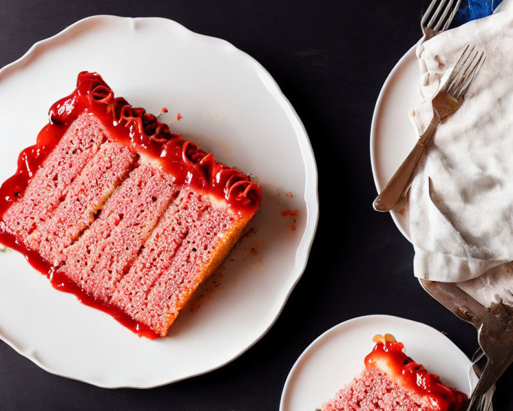 Pink Layered Cake with Red Icing on White Plate and Fork on Black Background