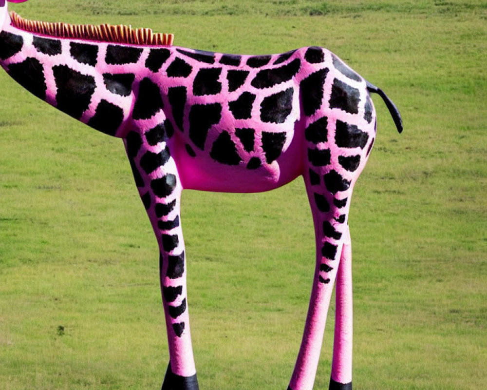 Colorful Giraffe Sculpture on Black Pedestal in Green Landscape