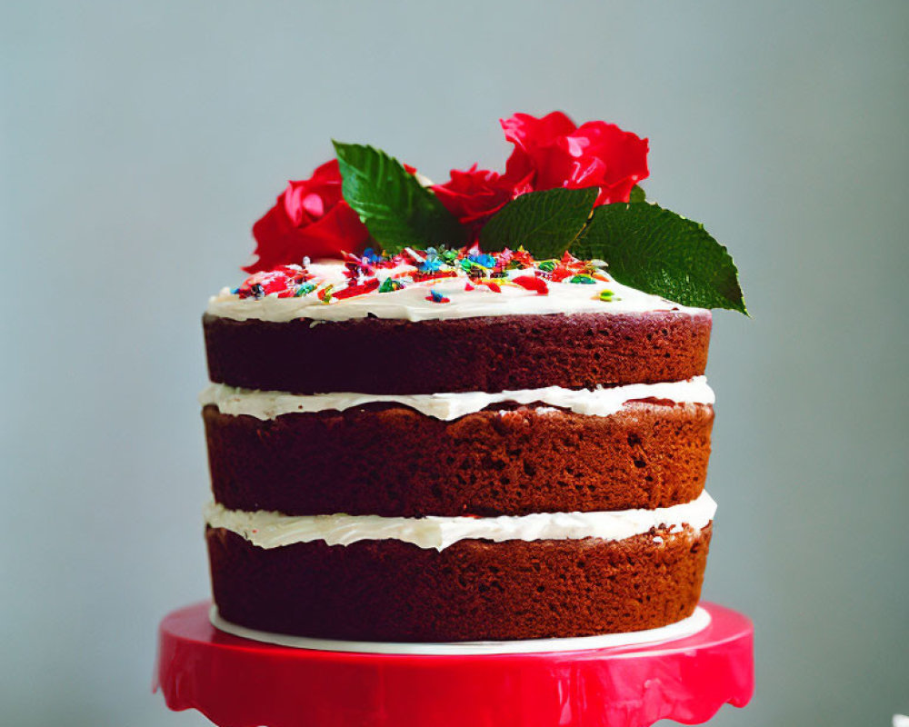 Colorful Layered Chocolate Cake with White Frosting and Sprinkles