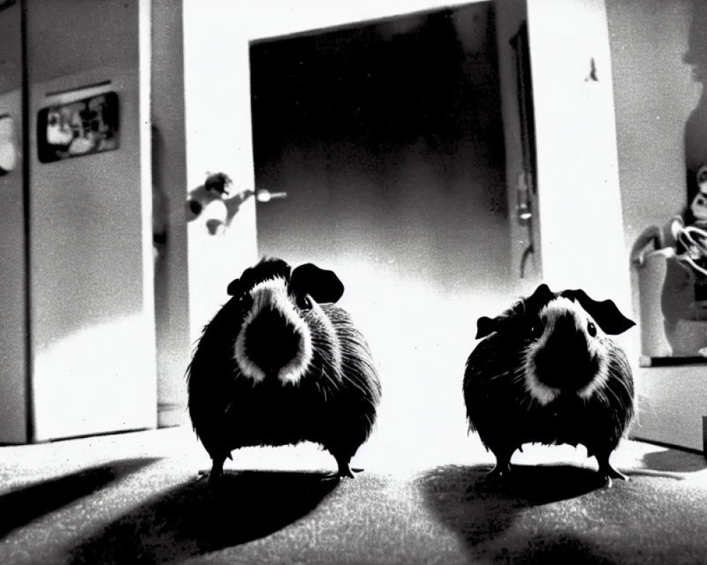 Silhouette of Two Guinea Pigs Facing Camera with Bright Backlight