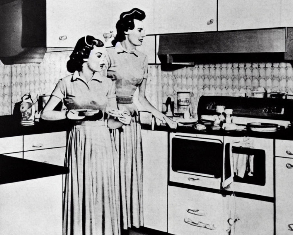 Vintage-style illustrated women in mid-century kitchen with stove and dish.