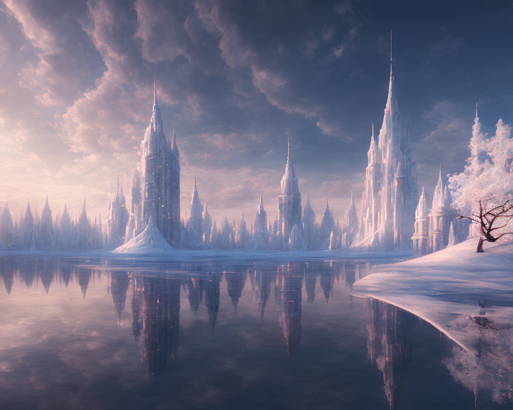 Fantasy landscape with frost-covered spires reflected in tranquil lake