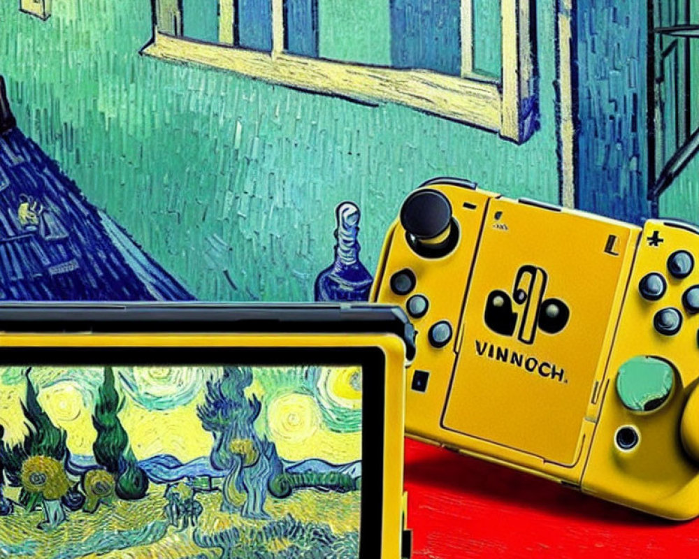 Artistic Yellow Controllers with Gaming Console and Van Gogh-Inspired Tablet Painting