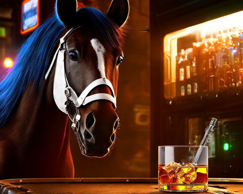 Blue-Maned Horse with Bridle at Bar with Whiskey Glass in Neon Setting