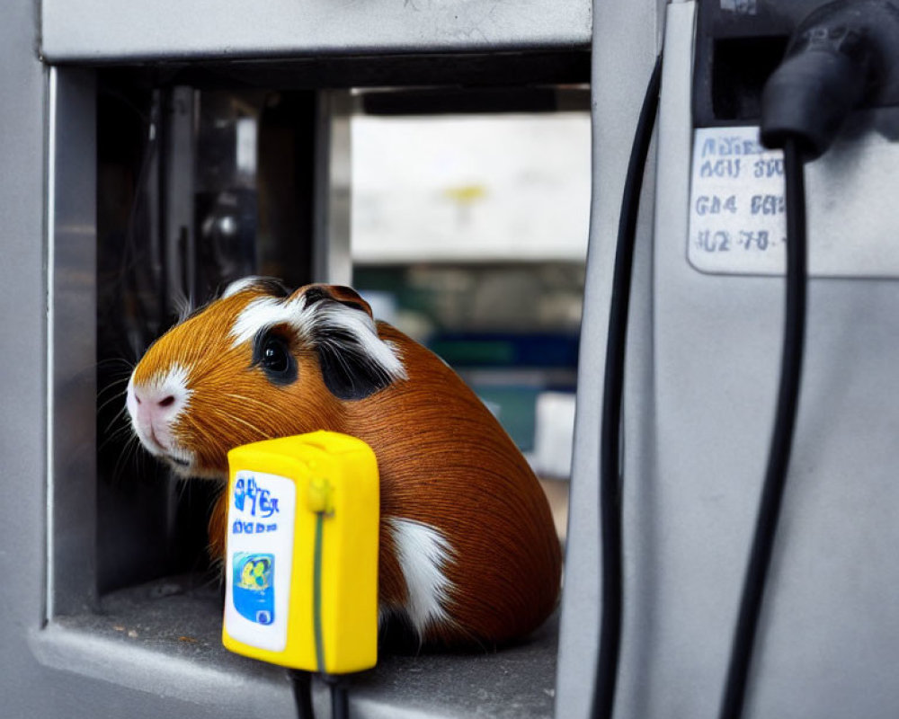 Guinea pig in gas pump station cubby with yellow fuel nozzle