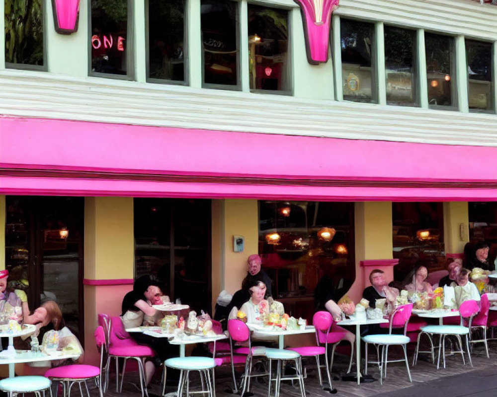 Colorful Café with Pink Exterior and Whimsical Decorations