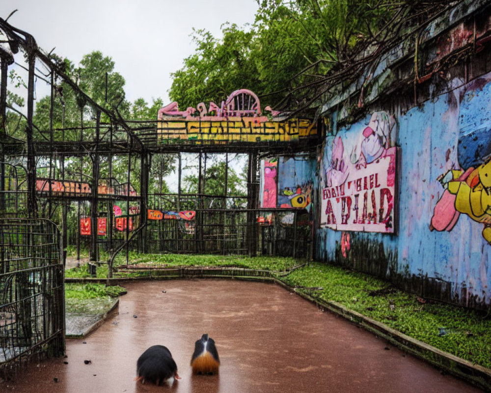 Desolate amusement park with overgrown vegetation and faded murals