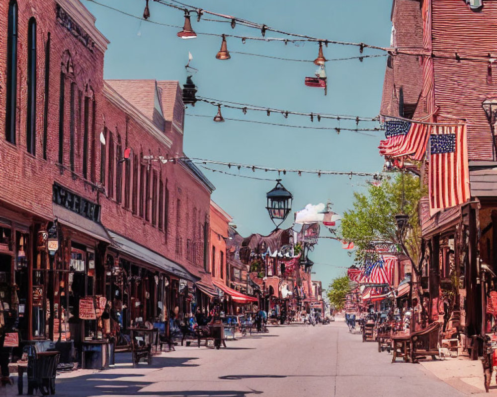 Brick buildings and American flags on quaint street under clear blue sky