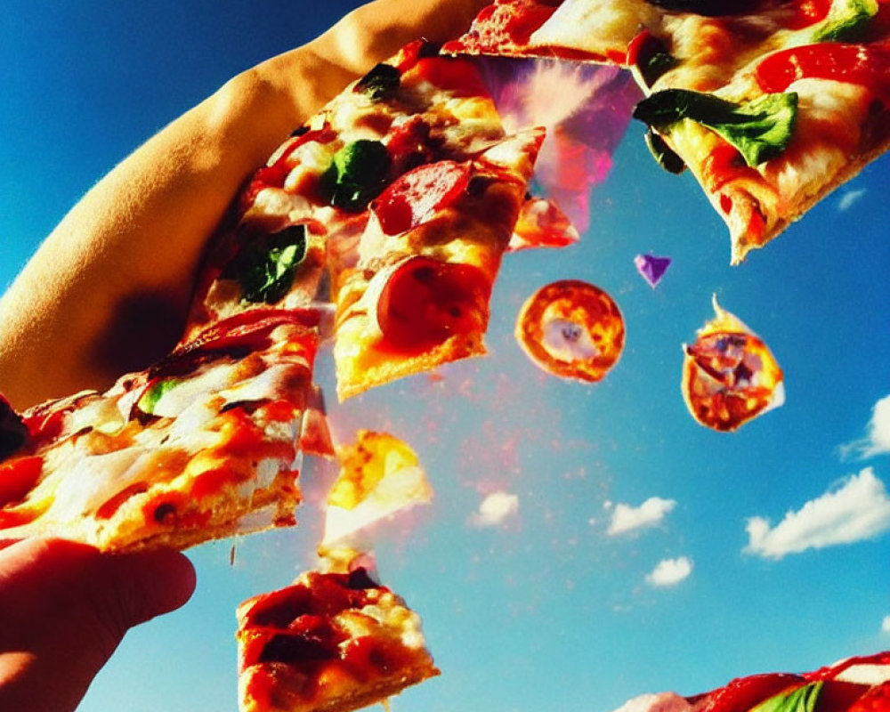 Hand holding pizza slice against blue sky with floating pieces and clouds