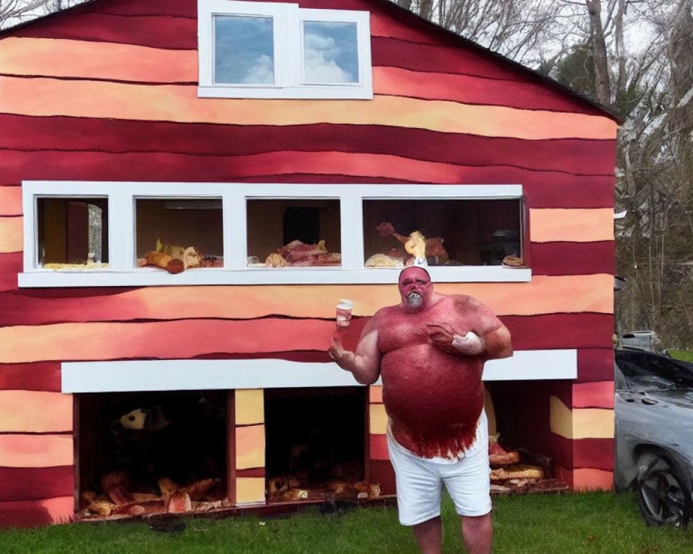 Man in Shirtless Body Costume with Cup in Front of Striped House