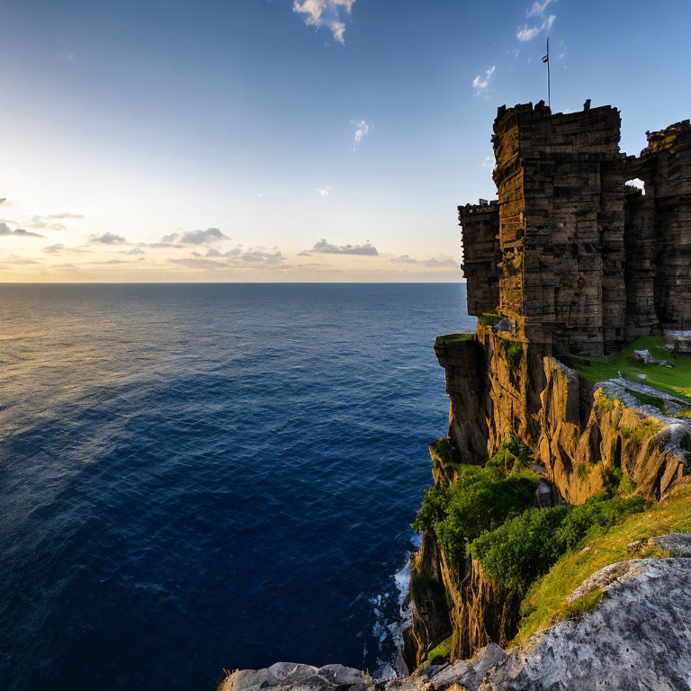 Cliffside with lush greenery, rugged rock formation, ocean view at sunset