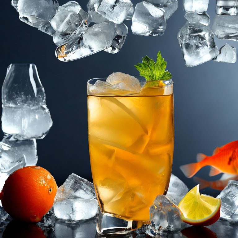 Iced tea with mint leaf, lime, and orange on dark background