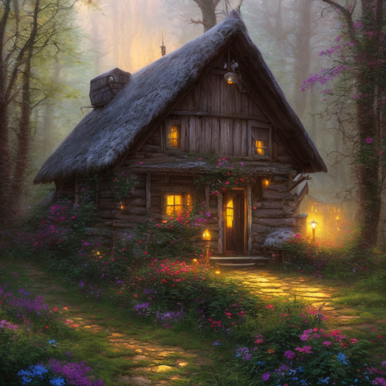 Thatched Roof Wooden Cottage in Enchanted Forest at Twilight