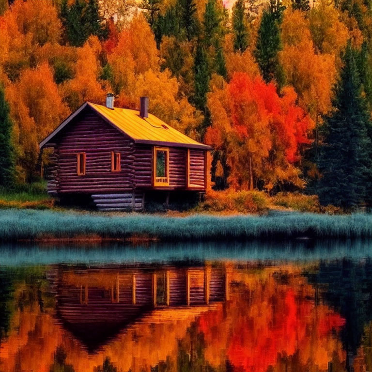 Tranquil Autumn Scene: Wooden Cabin by Lake Amid Colorful Foliage