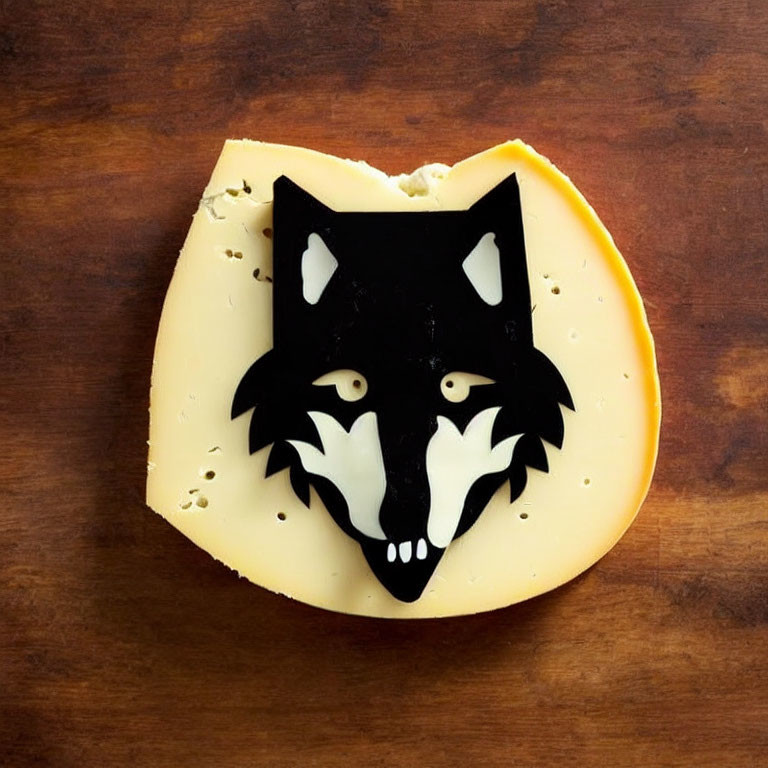 Cheese with wolf face stencil on wooden surface