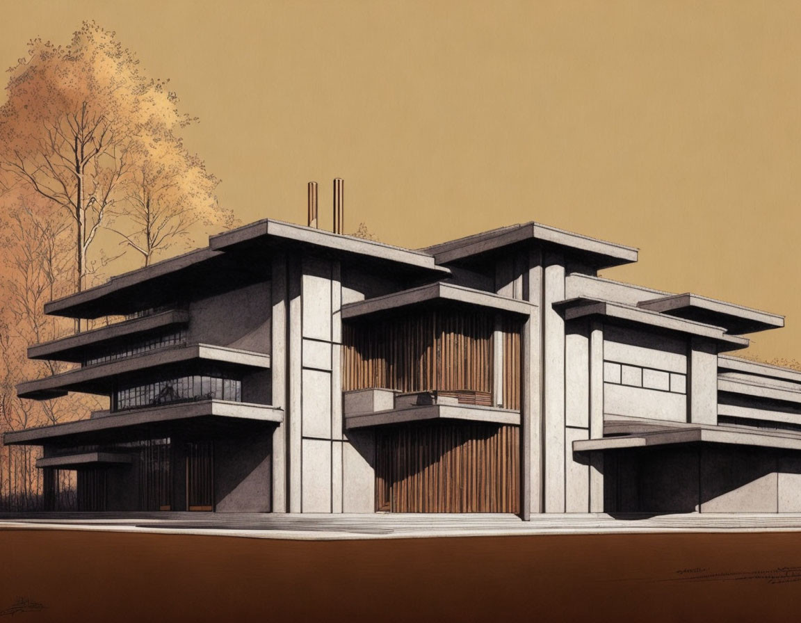 Modern house architectural drawing with flat roofs, large windows, and geometric elements on sepia background.